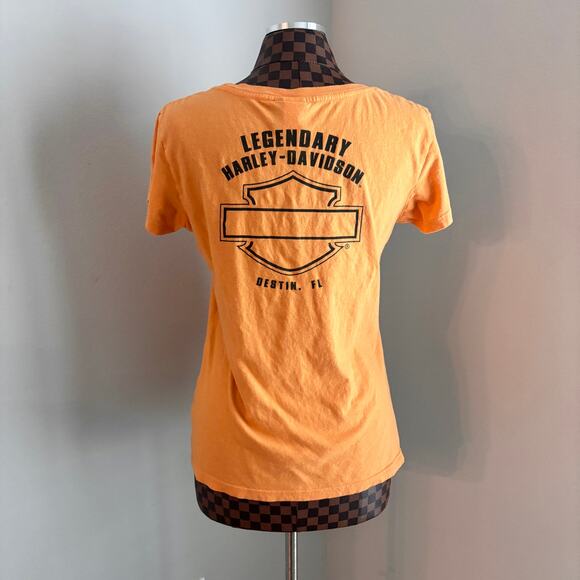 Y2K Harley Davidson Ladies T-Shirt Size L Orange Rhinestone Bikercore Grunge - Picture 3 of 8